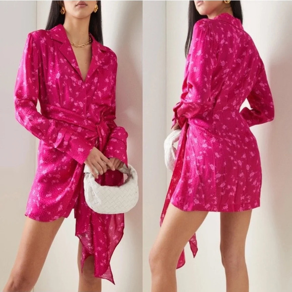 Acler Evanston Hot Pink Floral Dot Print Draped Satin Designer Mini Dress 2 NWT - Picture 1 of 14